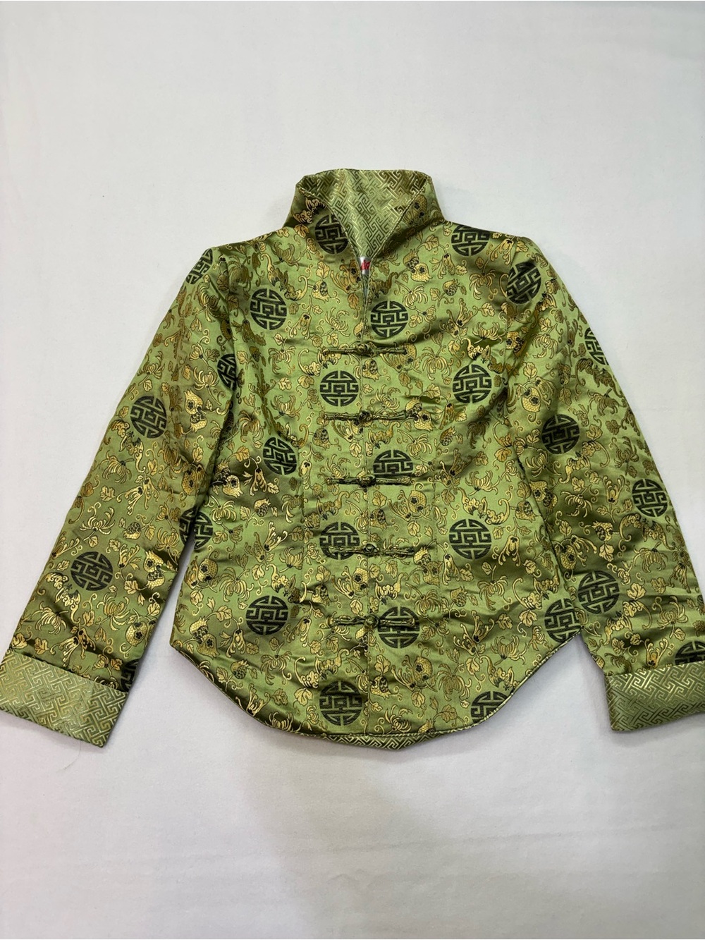 Vintage Green & Gold Satin Chinese Tang Suit Jacket Frog Enclosure & Medallion